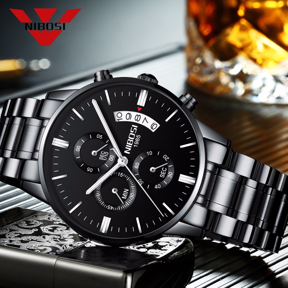 NIBOSI czarny zegarek kwarcowy – Luxury Watch Mockup recenzja i cena